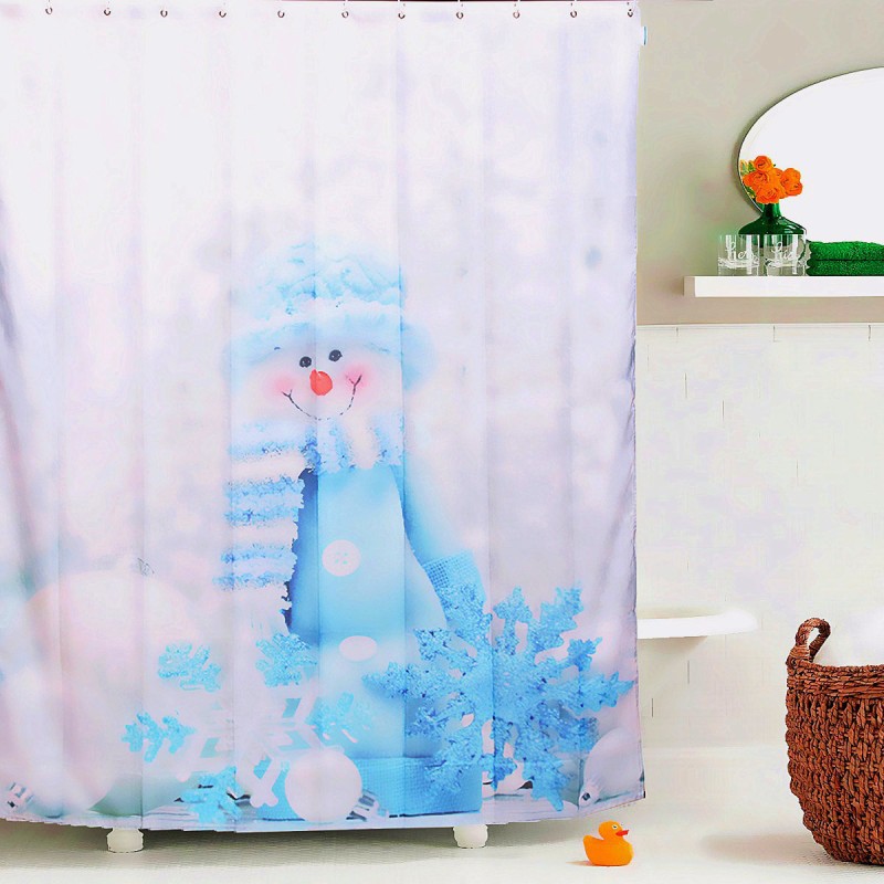 180x180cm Waterproof Polyester Snowman Pattern Shower Curtain Bathroom Decor with 12 Hooks