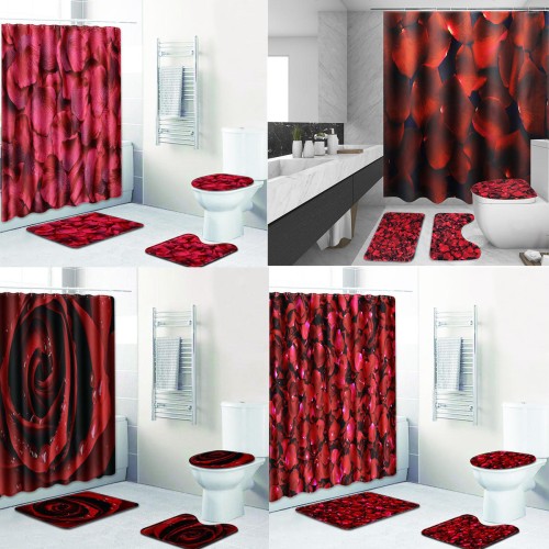 4Pcs/Set Bathroom Shower Curtain Set with Hooks Washable Toilet Seat Cover Pedestal Rug Lid Toilet