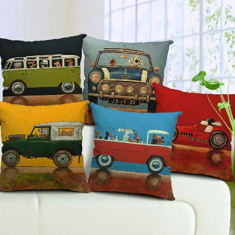 Cartoon Cute Dog Driving Cotton Pillow Case Home Office Pillowcase