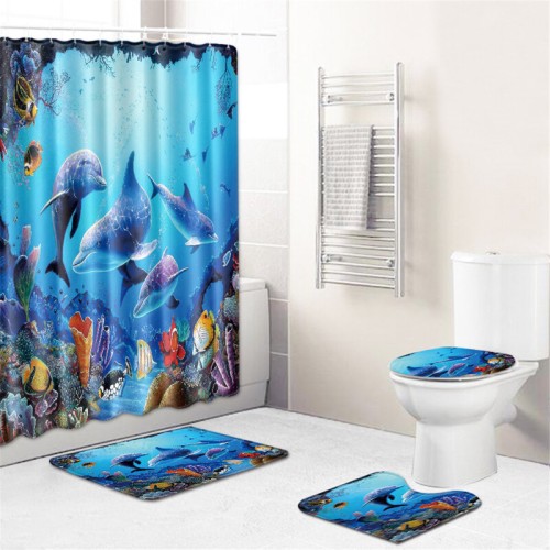 European Marine Blue Whale Style Shower Curtain Non-Slip Mats Bath Carpets Toilet Seat Cover Floor Mat Bathroom Decoration