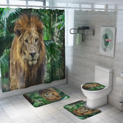 Honana 4PCS Bathroom Waterproof Shower Curtain Animal Lion Pattern Toilet Seat Cover Pedestal Rug Bath Mat Bathroom Decor