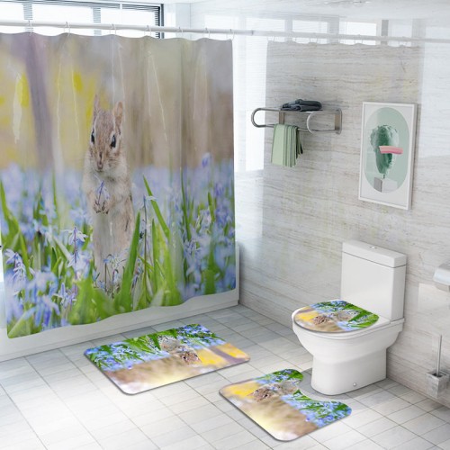 Honana 4PCS Bathroom Waterproof Shower Curtain Animal Rabbit Pattern Toilet Seat Cover Pedestal Rug Bath Mat Bathroom Decor