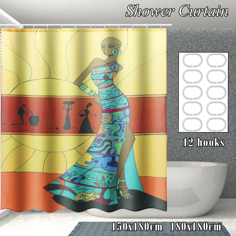 Large Cartoon Woman Bathroom Polyester Waterproof Shower Curtain with Hooks