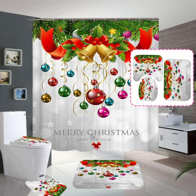 Merry Christmas Bell Waterproof Bathroom Shower Curtain Bath Mats Toilet Cover