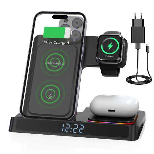 HYY-H32 15W Wireless Foldable Charger Fast Wireless Charging Stand Digital Clock Function for Smart Phones for iPhone 15 14 13 for Xiaomi 14pro for Huawei Mate60Pro for Apple Watch for Airpods