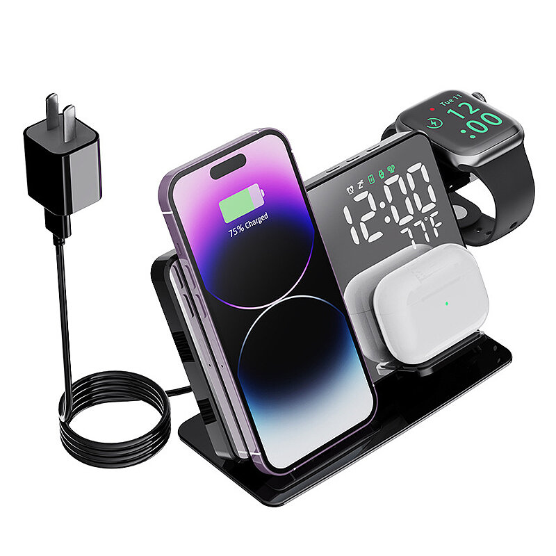 W669 15W Wireless Charger Fast Wireless Charging Station with Alarm Clock for Smart Phones for iPhone 15 14 13 for Huawei Mate60 Pro for Samsung Galaxy Z Flip4 for Apple Watch for Airpods