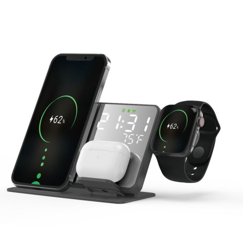 W669B 15W Wireless Charger Fast Wireless Charging Station with Alarm Clock for Smart Phones for iPhone 15 14 13 for Huawei Mate60 Pro for Samsung Galaxy Z Flip4 for Airpods for Smart Watch
