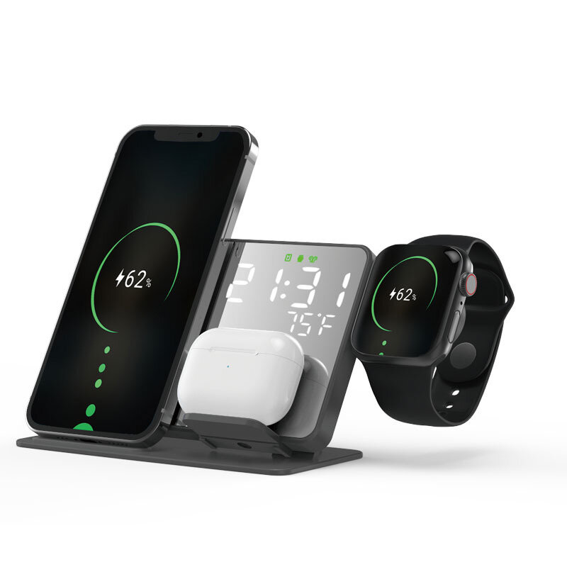 W669B 15W Wireless Charger Fast Wireless Charging Station with Alarm Clock for Smart Phones for iPhone 15 14 13 for Huawei Mate60 Pro for Samsung Galaxy Z Flip4 for Airpods for Smart Watch