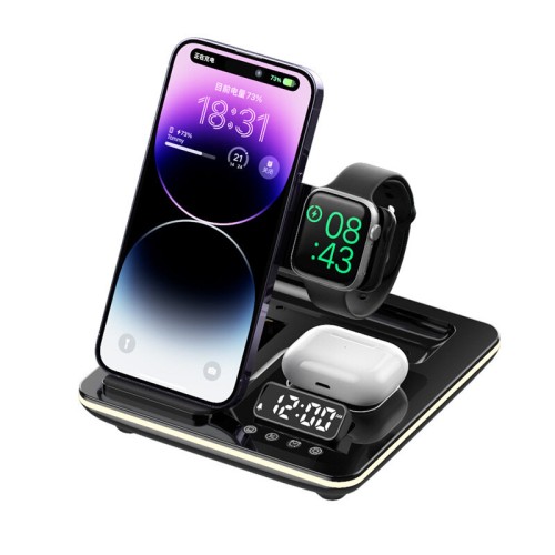 XJCX A93 5-in-1 15W Foldable RGB Wireless Charger with Digital Display Time & Alarm Clock Fast Wireless Charging Station for iPhone 15 14 13 for Xiaomi 14pro for Huawei Mate60 for Airpods for Apple Watch