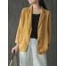 Women 100% Cotton Solid Color Button Front Business Thin All-Match Blazer With Pocket