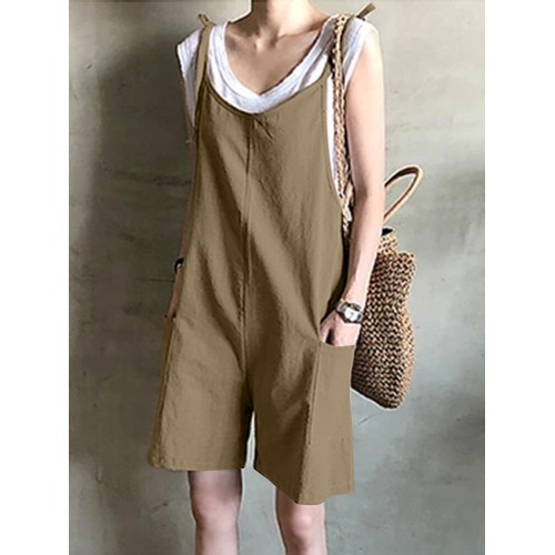 100% Cotton O-Neck Loose Sleeveless Jumpsuits For Women