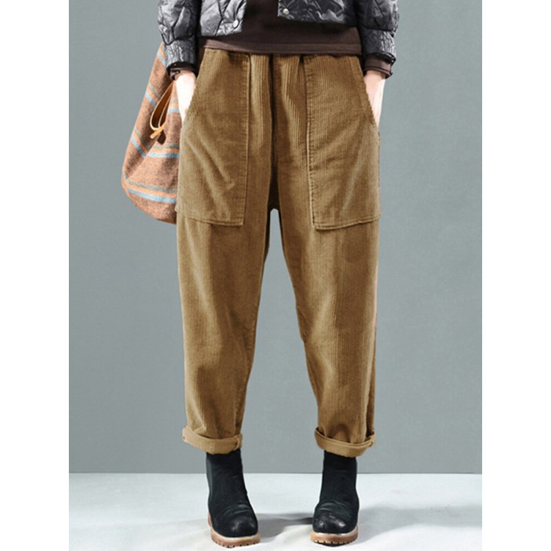 Corduroy Elastic Waist Solid Color Side Pocket Harem Pants