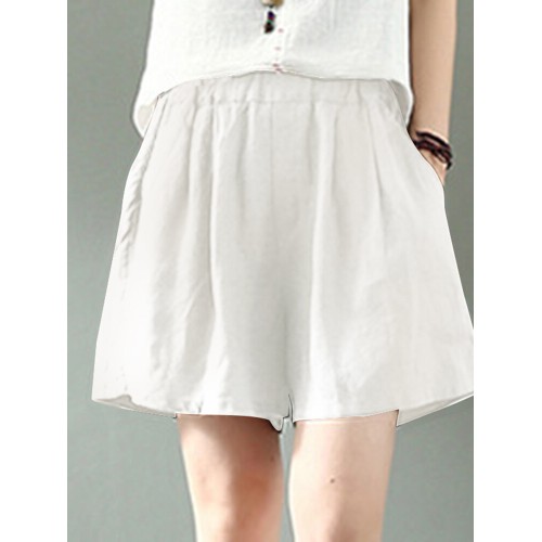 Cotton Solid Pocket Elastic Waist Casual Shorts