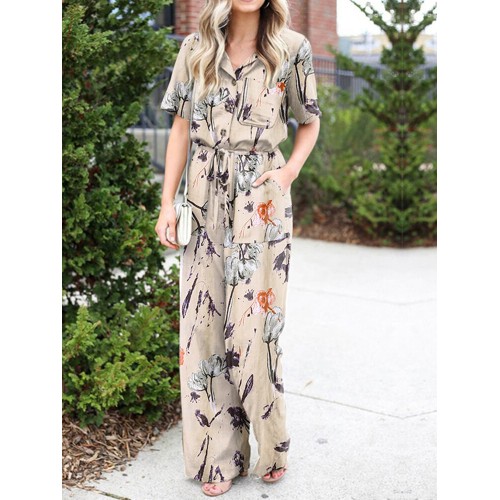 Floral Print Button Pocket Short Sleeve Wide Leg Jumpsuit