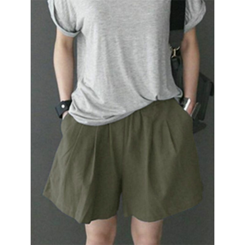 Leisure Solid Ruched Pocket Casual Cotton Shorts