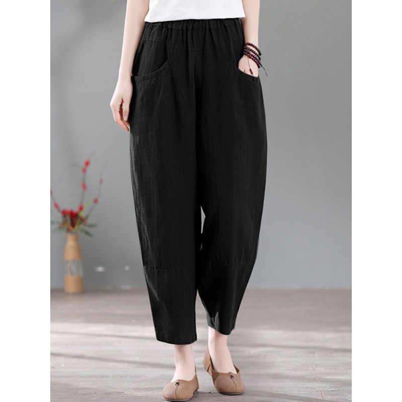 Solid Pocket Casual Cotton Pants