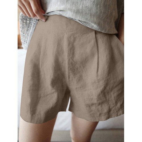 Solid Pocket Ruched Cotton Casual Shorts