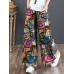 Women 100% Cotton Flared Wide-Leg Floral Printed Retro Side Pockets Pants