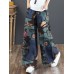 Women 100% Cotton Flared Wide-Leg Floral Printed Retro Side Pockets Pants