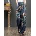 Women 100% Cotton Flared Wide-Leg Floral Printed Retro Side Pockets Pants