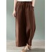 Women 100% Cotton Side Pockets Solid Color Elastic Waist Ankle Length Casual Pants