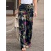 Women High Elastic Waist Floral Print Belted Side Pocket Vintage Pants