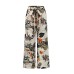 Women High Elastic Waist Floral Print Belted Side Pocket Vintage Pants