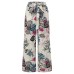 Women High Elastic Waist Floral Print Belted Side Pocket Vintage Pants