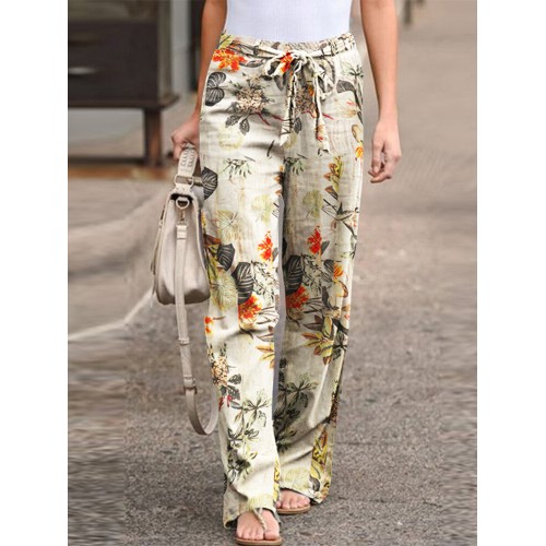 Women High Elastic Waist Floral Print Belted Side Pocket Vintage Pants