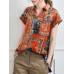 Abstract Painted Letter Plaid Short Sleeve Casual Blouse