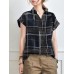 Abstract Painted Letter Plaid Short Sleeve Casual Blouse