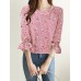 Calico Ruffle Sleeve Round Neck Casual Blouse