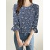 Calico Ruffle Sleeve Round Neck Casual Blouse