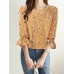 Calico Ruffle Sleeve Round Neck Casual Blouse