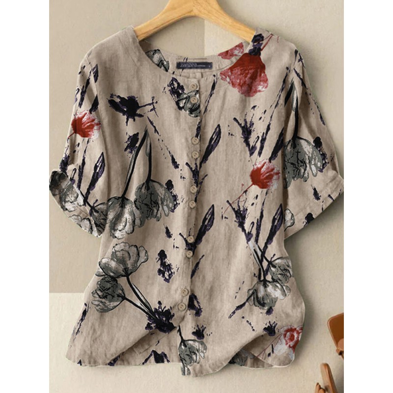 Casual Flower Print Button Front Short Sleeve Crew Neck Blouse