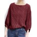 Check Pattern Puff Sleeve Crew Neck Casual Blouse