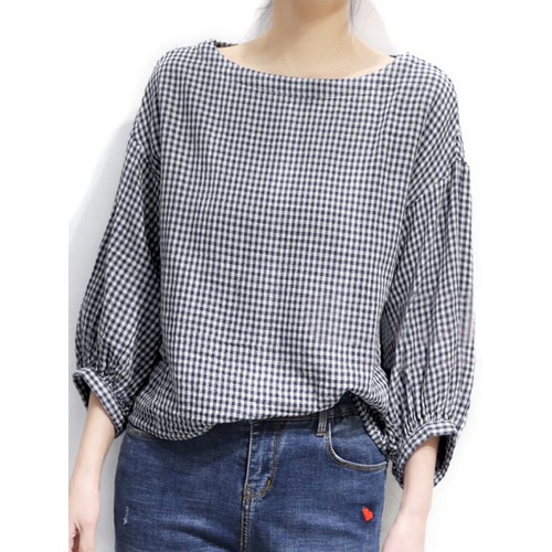 Check Pattern Puff Sleeve Crew Neck Casual Blouse