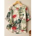 Cotton Plant Print Button Pocket Patchwork Short Sleeve Casual Blouse