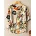 Cotton Plant Print Button Pocket Patchwork Short Sleeve Casual Blouse