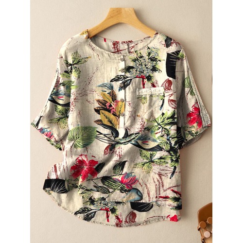 Cotton Plant Print Button Pocket Patchwork Short Sleeve Casual Blouse