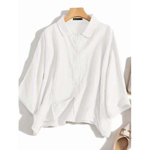 Cotton Solid Button Lapel Ruched Casual Blouse