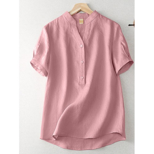 Cotton Solid Button Short Sleeve V Neck Casual Blouse