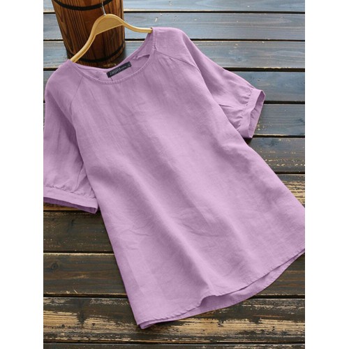 Cotton Solid Round Neck Short Sleeve Casual Blouse