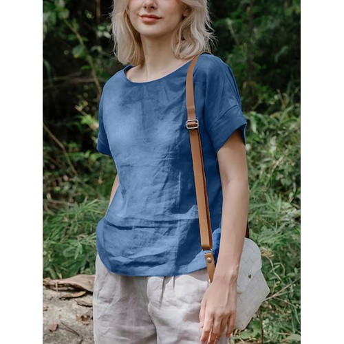 Cotton Solid Round Neck Short Sleeve Casual Blouse