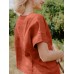 Cotton Solid Round Neck Short Sleeve Casual Blouse