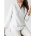 Cotton Solid Split V Neck Long Sleeve Casual Blouse