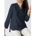 Cotton Solid Split V Neck Long Sleeve Casual Blouse