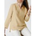 Cotton Solid Split V Neck Long Sleeve Casual Blouse