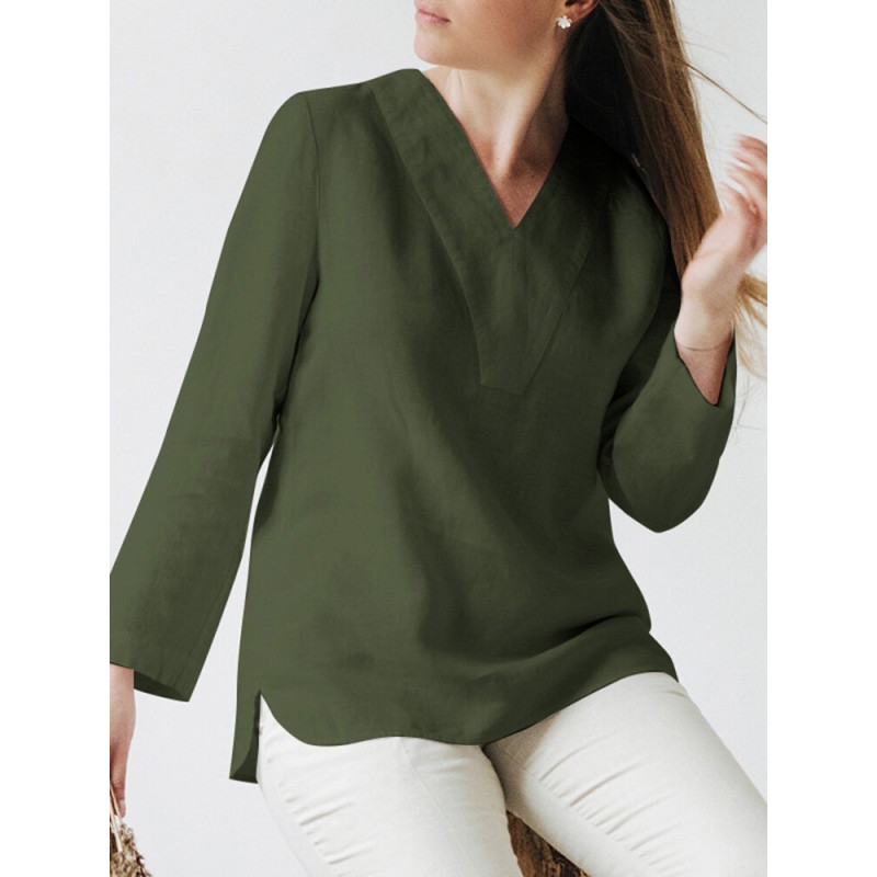 Cotton Solid Split V Neck Long Sleeve Casual Blouse