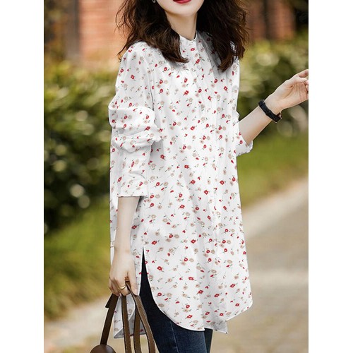 Floral Print Long Sleeve Lapel Slit Hem Blouse